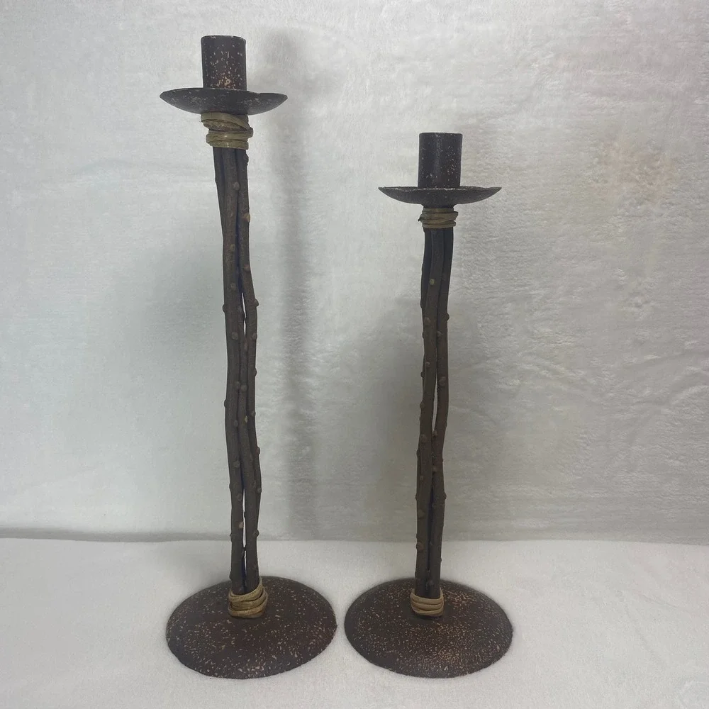Tall Rustic Candleticks Branch Twig Design Cast‎ Metal Table Centerpiece Farm